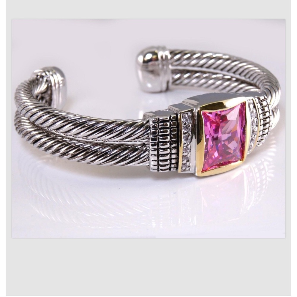 Rose Pink Gemstone CZ Crystal Silver Gold Cable Cuff Bracelet Designer